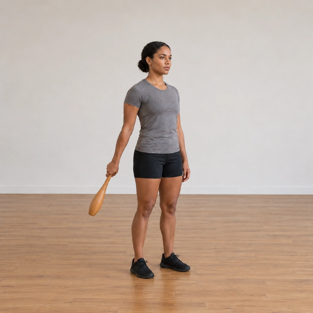 The woman is mid-swing as the club drops back through the vertical hanging position beside her right leg, the arm long and the wrist-elbow line straight, the swing carrying on toward the rear.