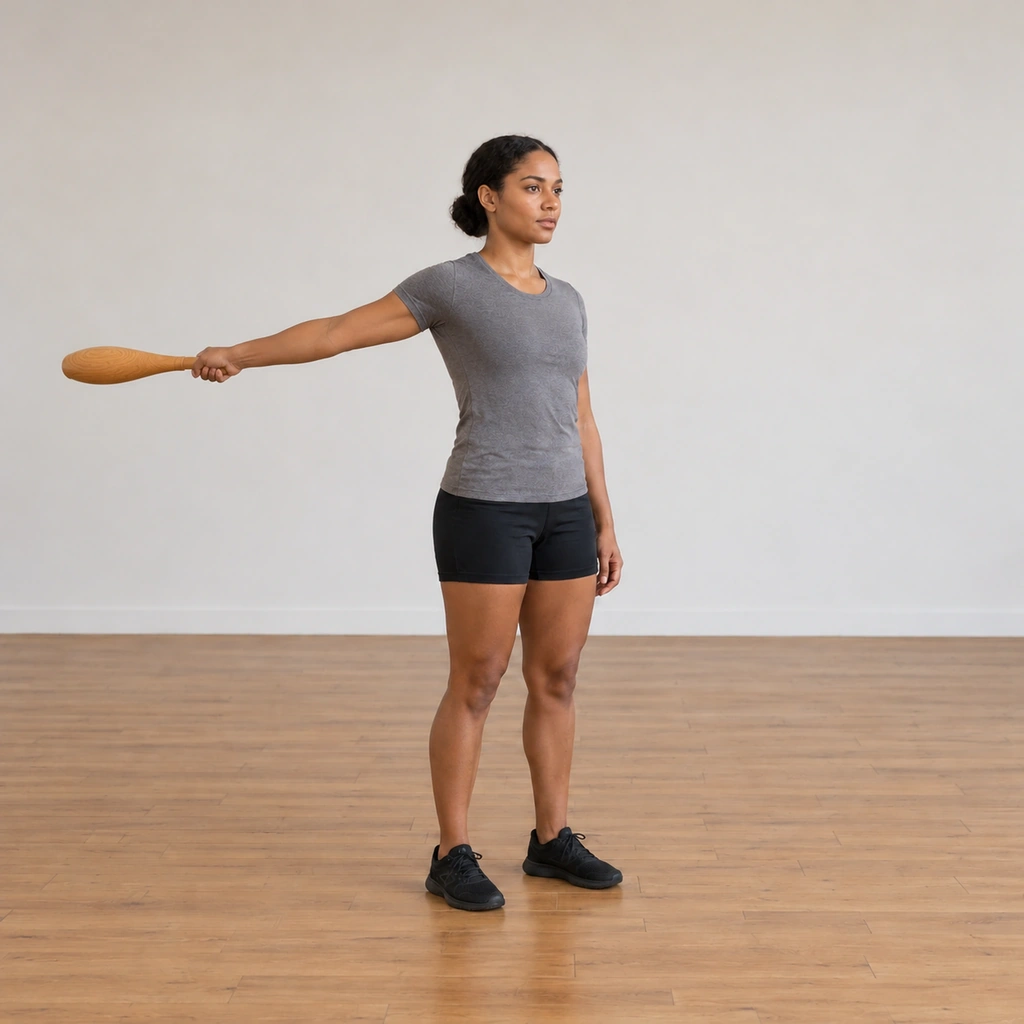 The woman has let the club rise to horizontal behind her body at arm's length - the rear end of the 180-degree arc - her arm long and the elbow-wrist line straight, her body still facing forward.