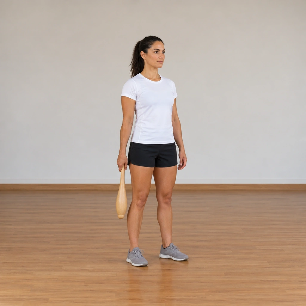 A woman stands tall in a plain studio, one wooden club hanging at arm's length by her right side, gripped by its slim handle, her left arm relaxed.