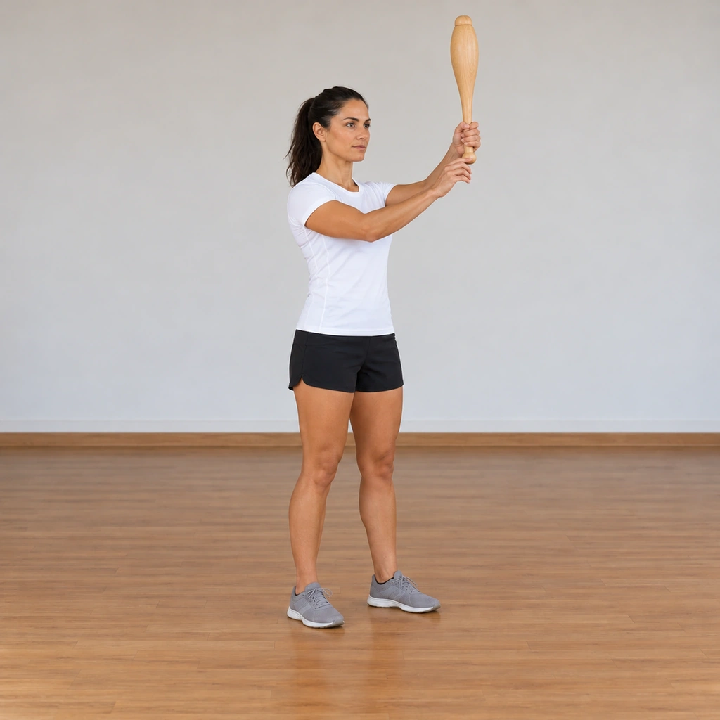 The woman is mid-exchange at the top of the arc: her left hand has taken the club lower down the handle above her right hand's loosening grip, both hands momentarily on the club in front of her body.