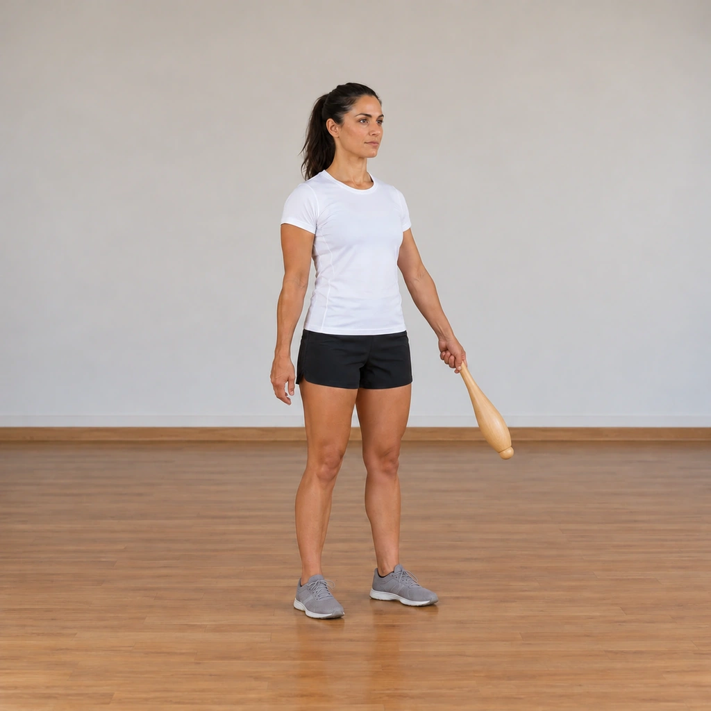 The woman has the club in her left hand now, the pendulum continuing on the side plane by her left side, her right arm relaxing at her side.