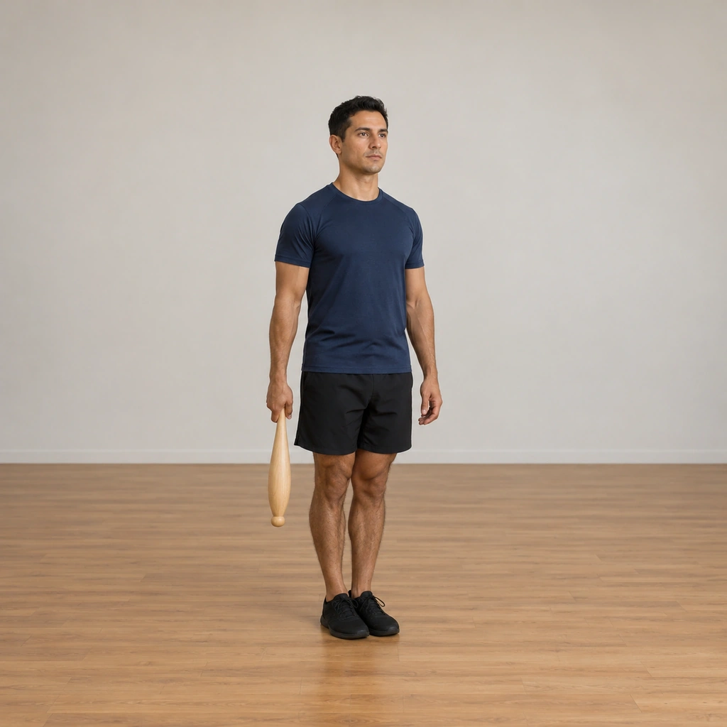 A man stands tall in a plain studio, feet close together, the club hanging in his right hand at the side of his right leg, posture stable.