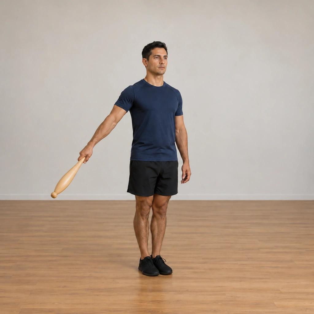 The man swings the club through a circle at the right side of his body, the club mid-circle beside his right hip tracing the first loop of the sideways eight, his arm circling at the shoulder.