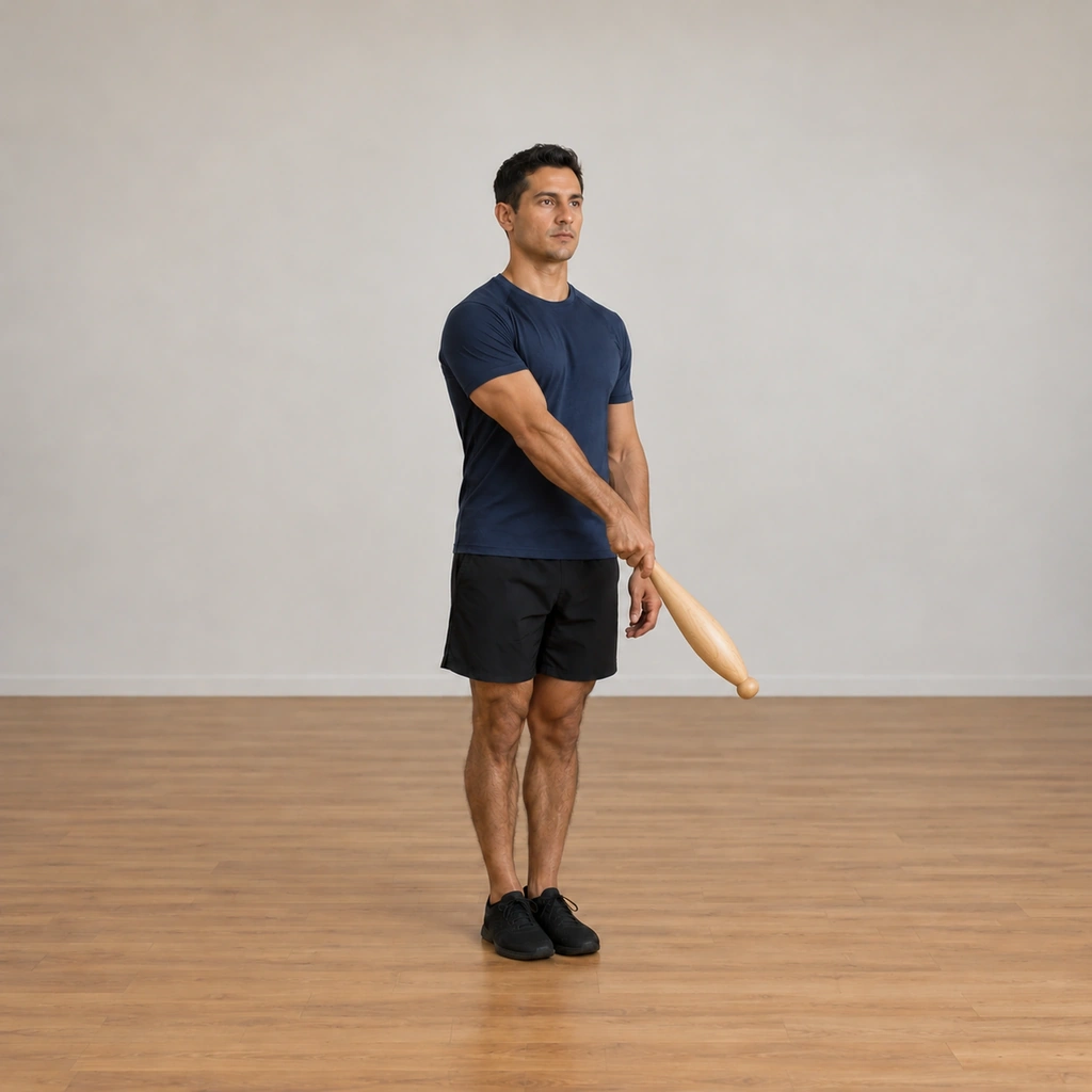 The man carries the club across the front of his body from right toward left at hip height, the club passing clear in front of his legs as it crosses toward the second side of the eight.