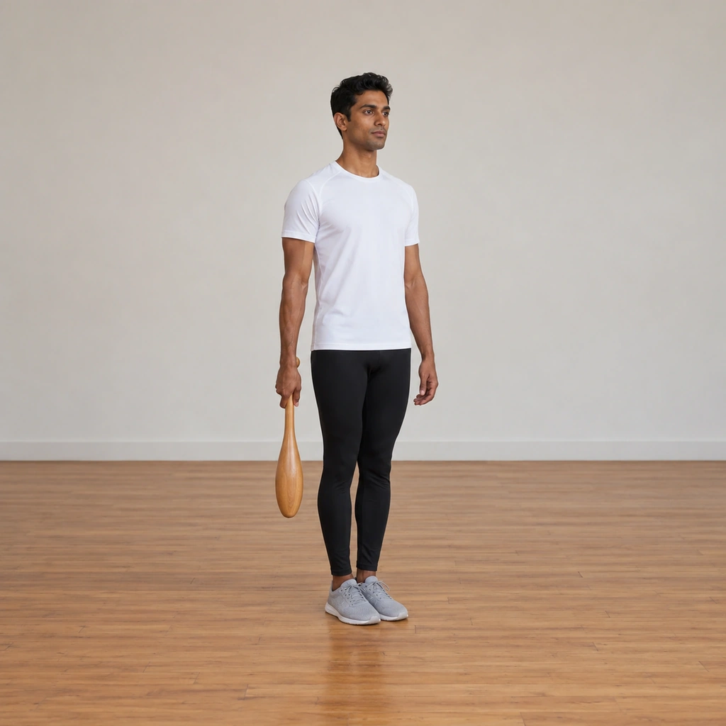 A man stands tall in a plain studio with his feet close together, one wooden club held at the side of his right leg, gripped by its slim handle, his left arm relaxed.