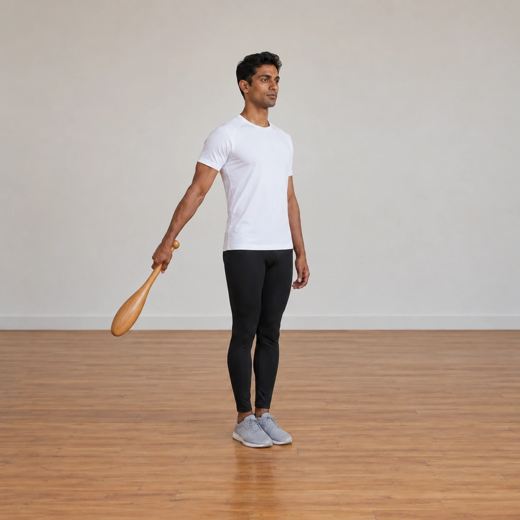 The man has swung the club into a circle at the right side of his body, the club high on the loop beside him, his feet still close together.