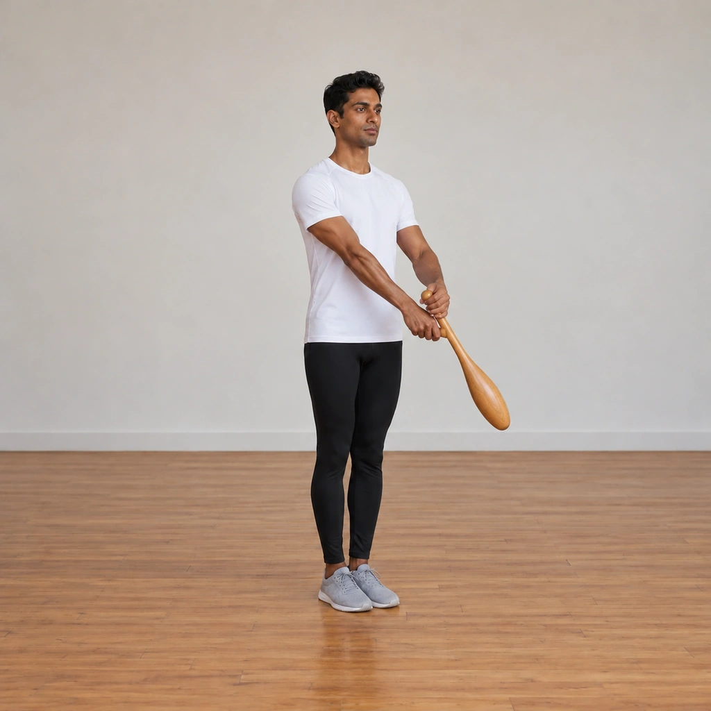 The man is crossing the club over toward the left side of his body, the club travelling across his front kept clear of his legs, his left hand coming to meet it.