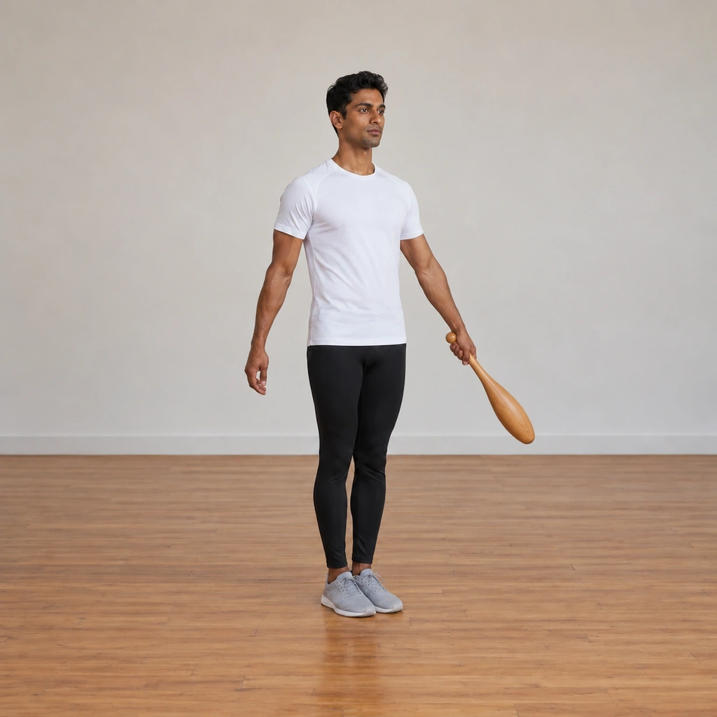 The man has handed the club to his left hand at the crossover, the left hand carrying it into the circle at the left side of his body, the sideways figure-of-eight continuing in the new hand.