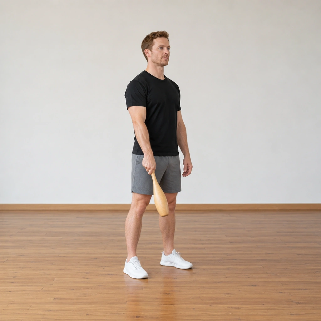A man stands tall in a plain studio, one wooden club held at his right side but slightly in front of his leg, gripped by its slim handle, his left arm relaxed.