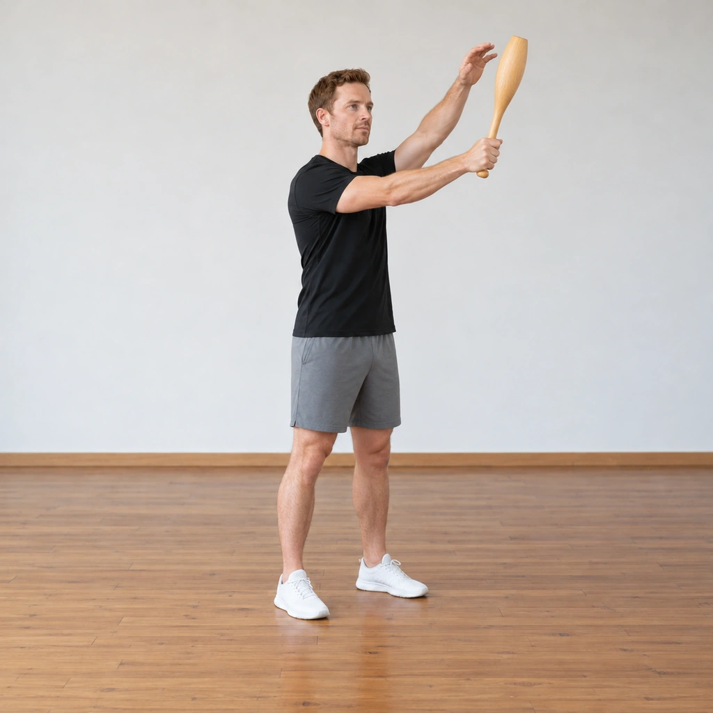 The man has swung the club up into the front-plane circle, the club on the rising half of the 360 in front of his body, his arm long and his body square.
