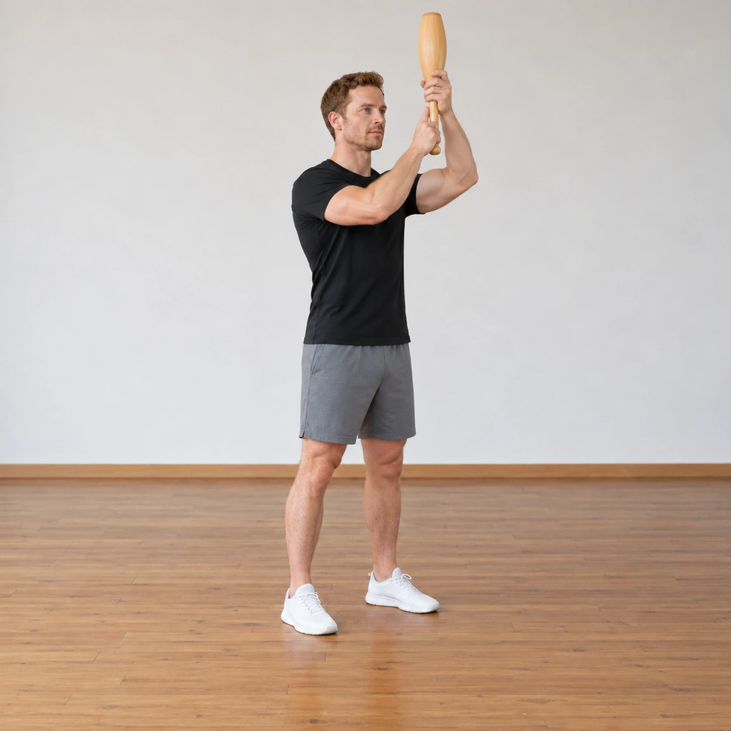 The man is at the top of the front circle: his left hand has grasped the club at a point above his right hand, both hands momentarily on the handle as the club travels overhead.