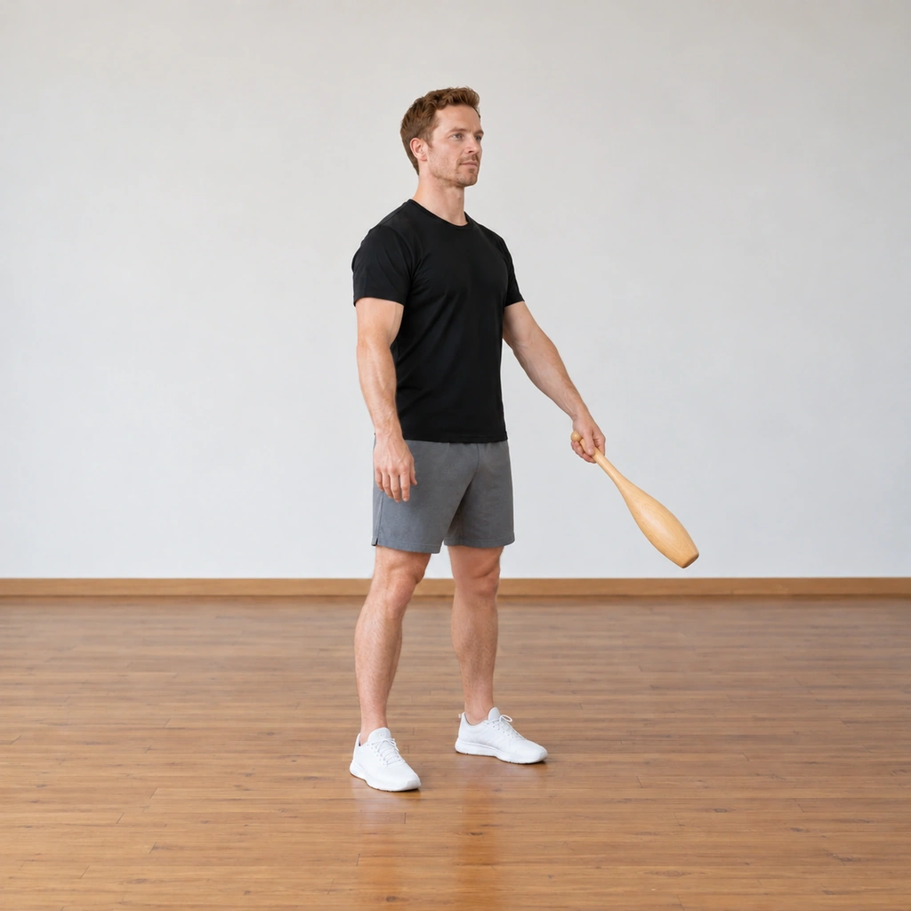 The man has the club in his left hand, the left hand slipped down to the button grip as his right hand releases and drops away, the front-plane circle continuing.