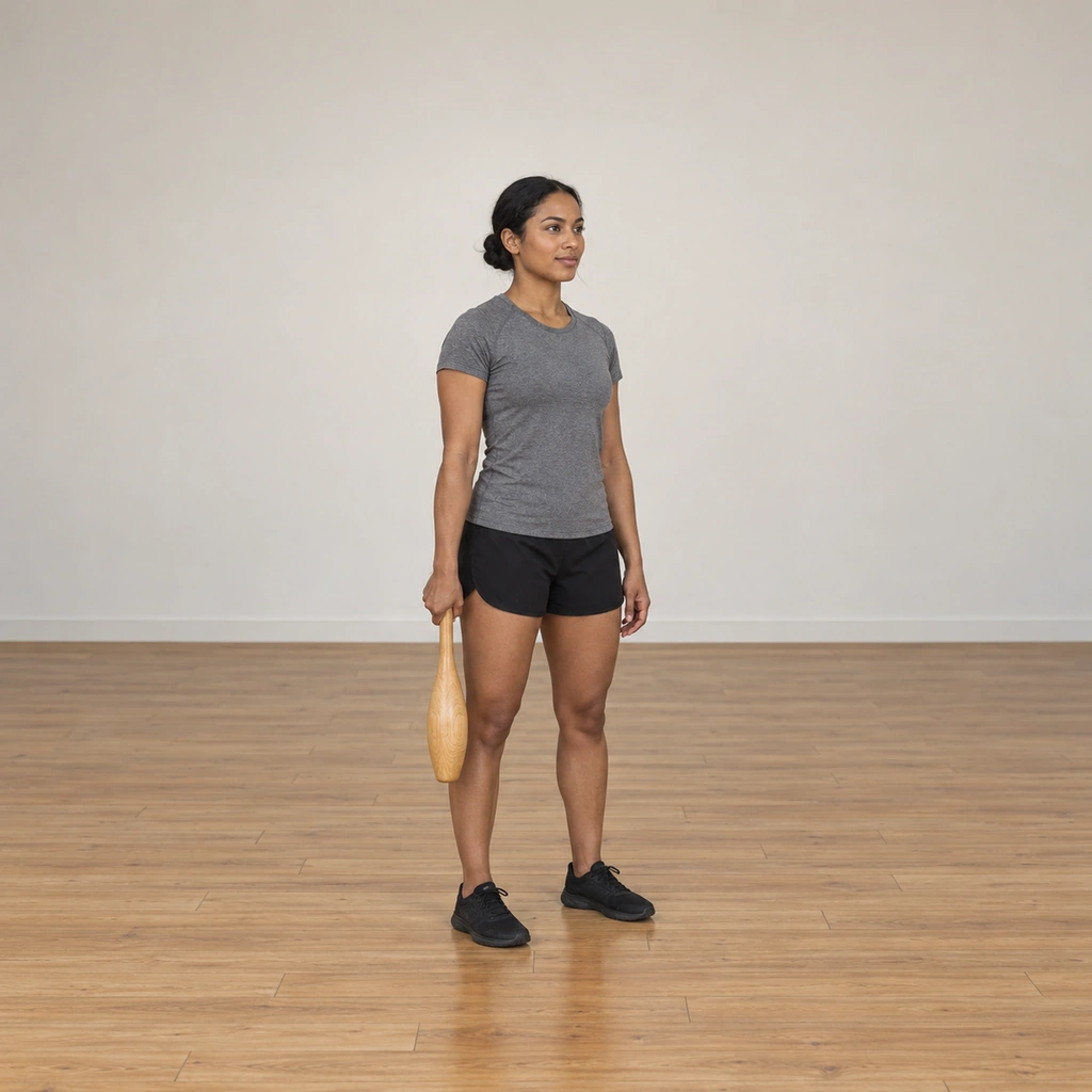 A woman stands tall holding one club in her right hand, the club hanging vertically at her side but just in front of her thigh, her head facing forward.