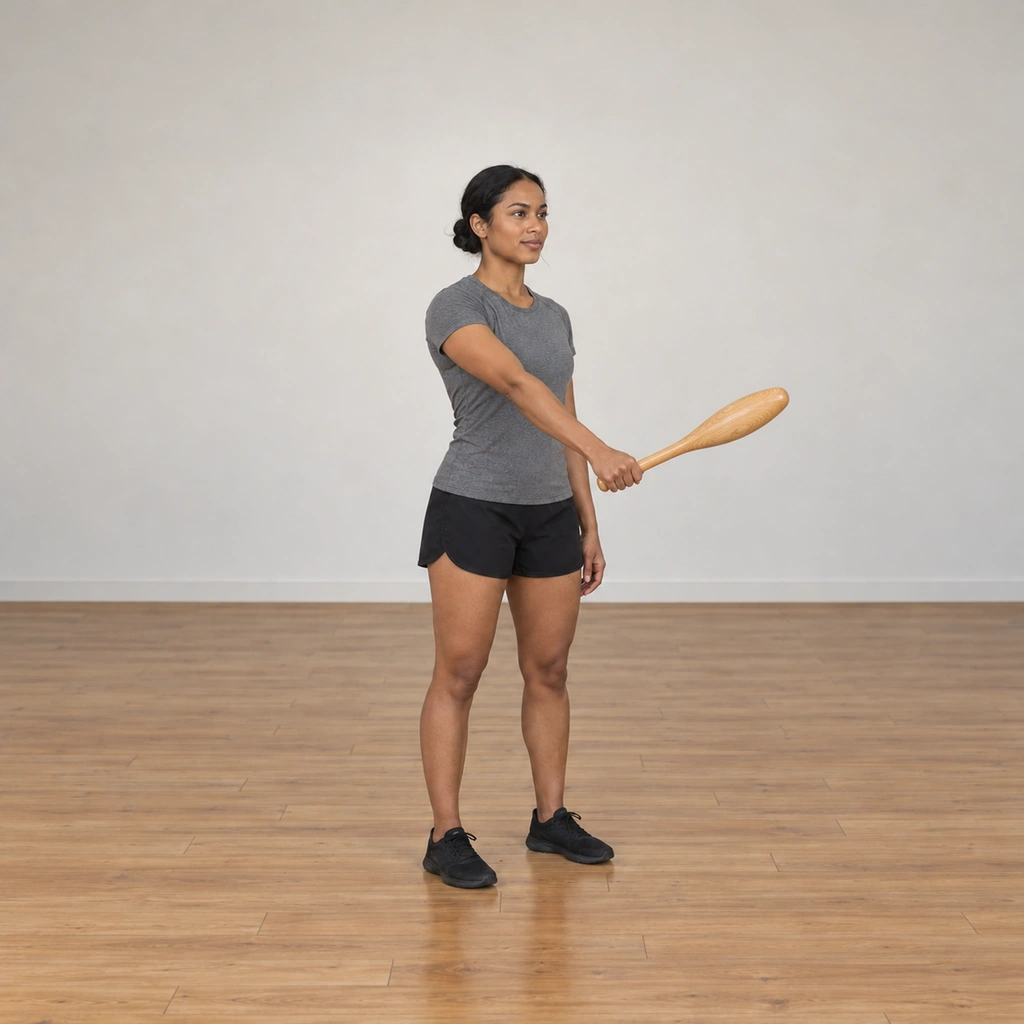 The woman swings the club out and up through the rising half of the front-plane circle, the club now at roughly shoulder height to her front-side, her arm travelling from the shoulder.