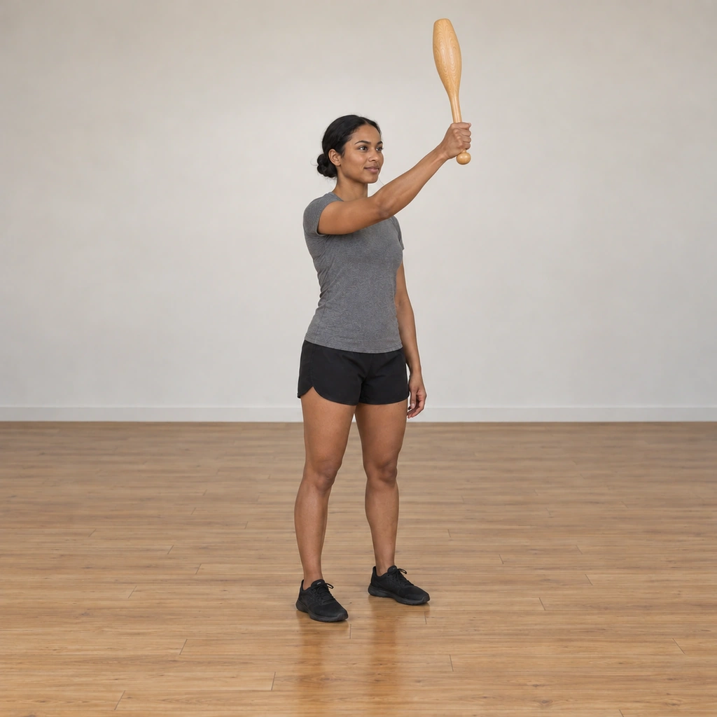 The woman carries the club over the top of the front-plane circle above shoulder height in front of her body, her arm extended, her stance tall and square.