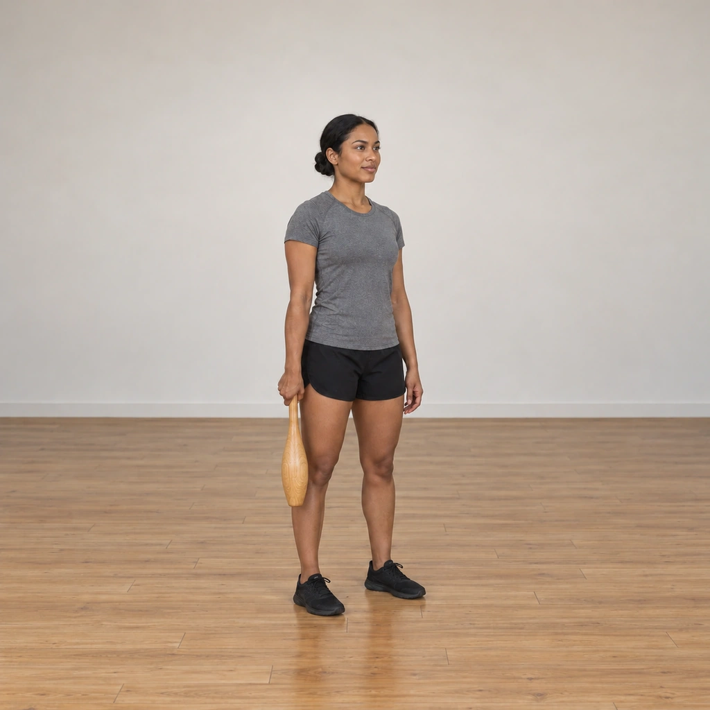 The woman brings the club back down through the circle to rest hanging at her side just in front of her thigh, her stance square and tall again, the circle complete.
