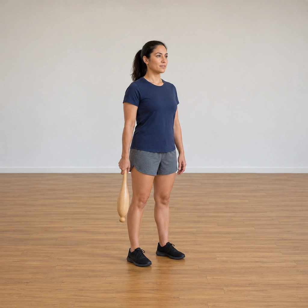 A woman stands tall in a plain studio, one wooden club held at the side of her right leg, gripped by its slim handle, her left arm relaxed.