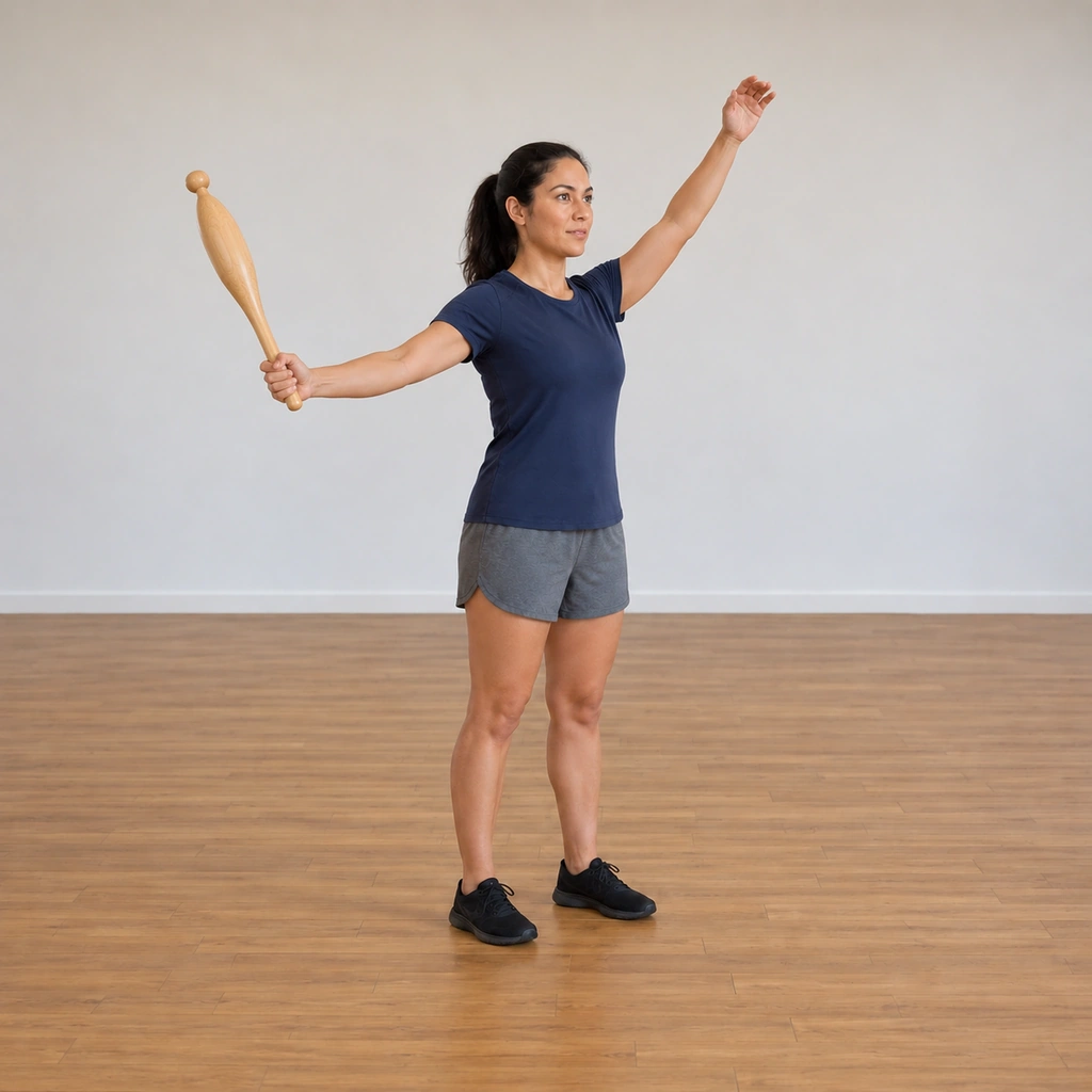 The woman has swung the club up into the side-plane circle beside her body, the club on the rising half of the full turn at her right side, her arm long and her body square.