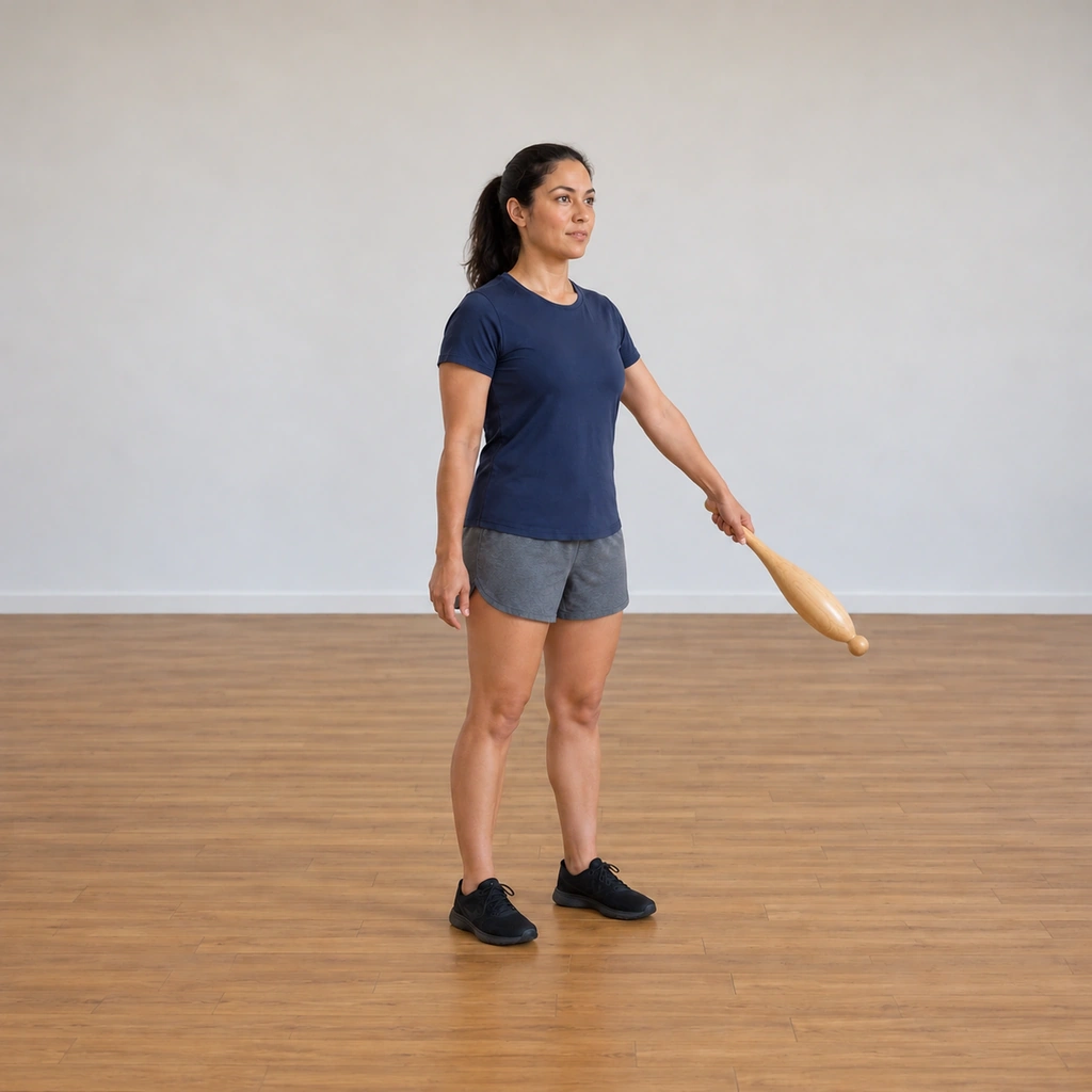 The woman has the club in her left hand, slipped to the button grip, guiding it across to the left side of her body clear of her legs, the side-plane circle continuing.