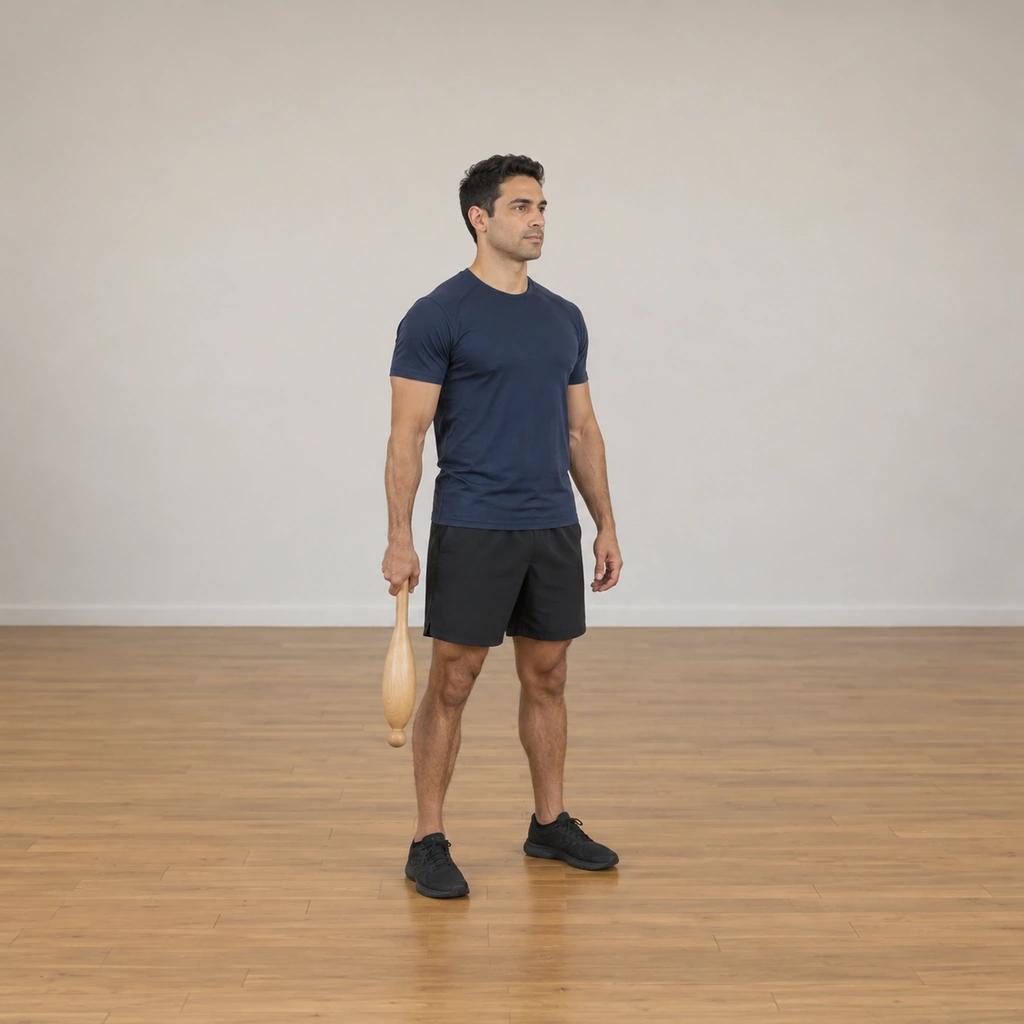 A man stands tall holding one club in his right hand, the club hanging vertically at the side of his right thigh, his head facing forward.