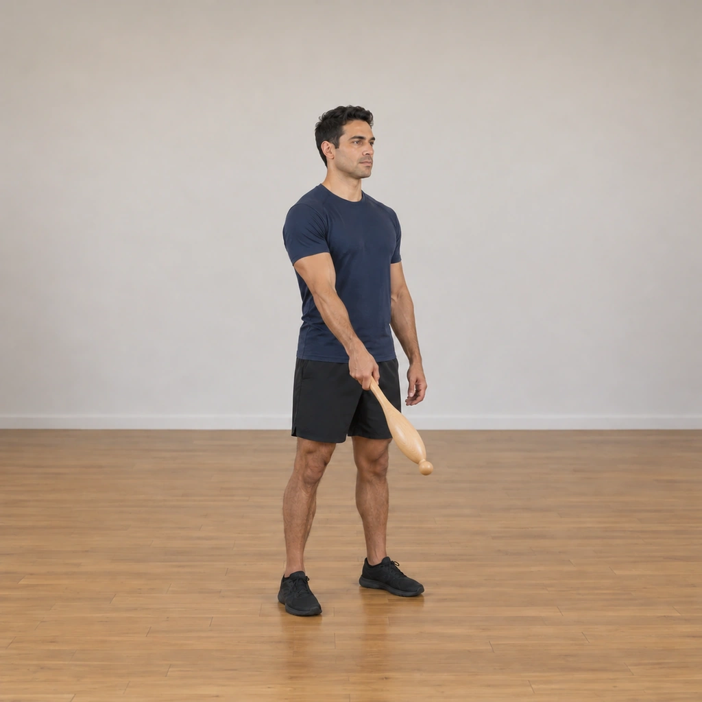 The man swings the club forward and up through the rising half of the side-plane circle, the club now ahead of him at roughly hip height beside his right side, his arm travelling from the shoulder.