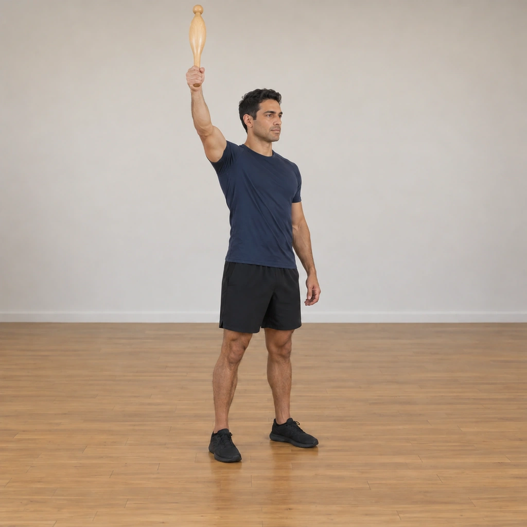 The man carries the club over the top of the side-plane circle beside his right shoulder, his arm extended overhead at the side, his stance tall and square.