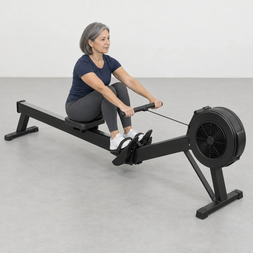 Woman on an indoor rowing machine at the catch, knees bent, shins near vertical, arms straight holding the handle.