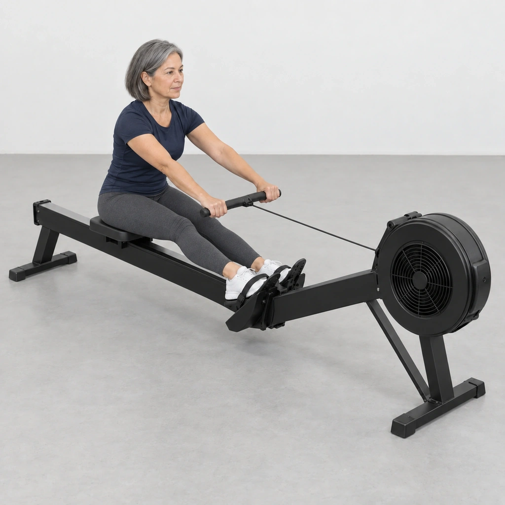 Woman on an indoor rowing machine with her legs pushed straight and her arms still straight over her knees.