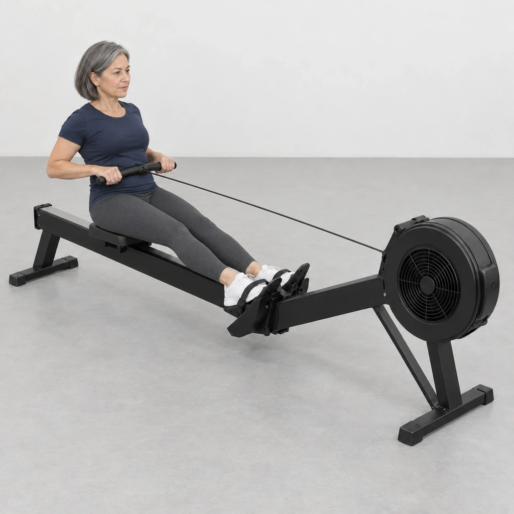 Woman at the finish of a rowing stroke, legs straight, leaning slightly back with the handle at her lower ribs.