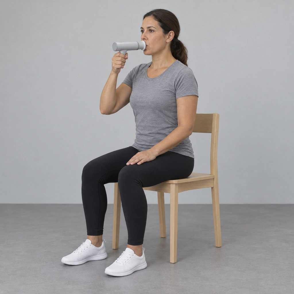 A woman sitting upright on a chair with her lips sealed around a plain hand-held breathing trainer, her chest at rest and shoulders relaxed.