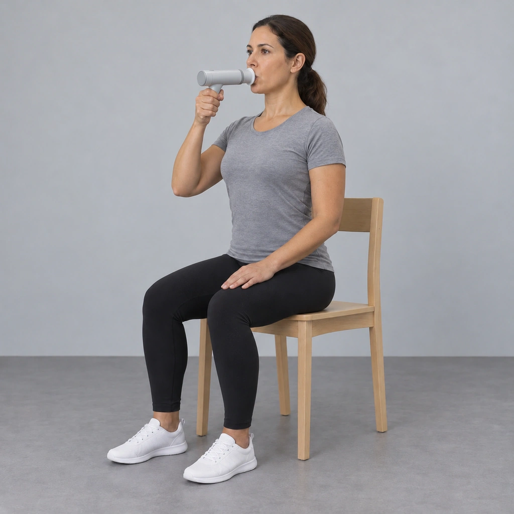 The same woman with her spine taller and her chest visibly expanded while her lips stay sealed around the breathing trainer.