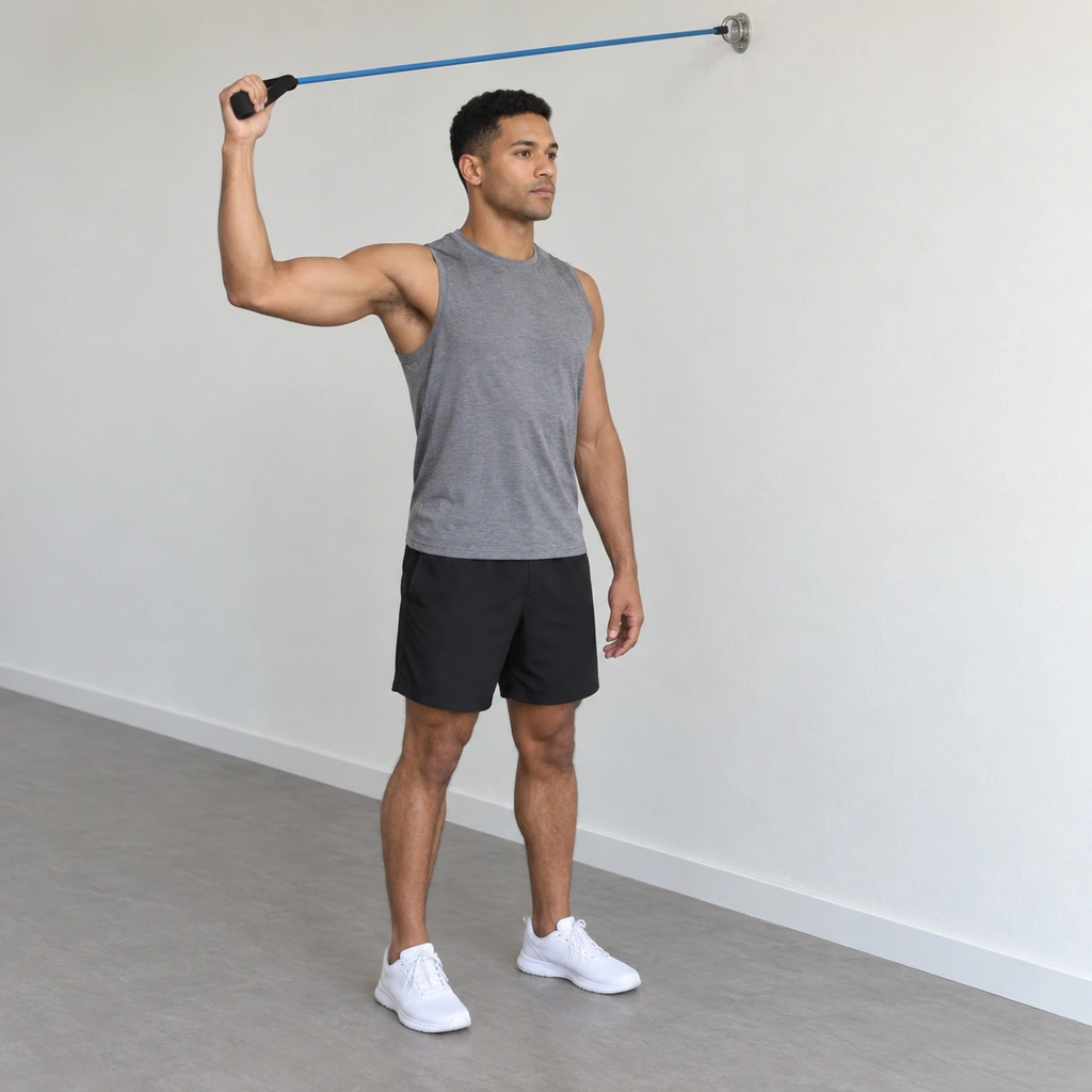 A man standing with his right upper arm held out to the side at shoulder height, elbow bent 90 degrees, forearm pointing straight up, gripping a resistance tube handle; the tube runs up to a wall anchor above and ahead of him.