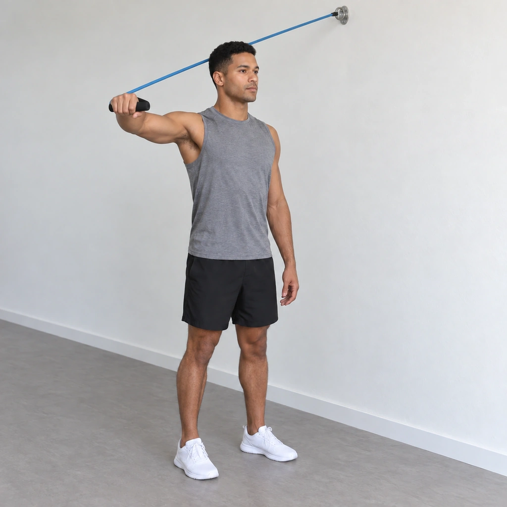 The same man, upper arm still out at shoulder height, right elbow still bent 90 degrees, forearm now swept forward and level across the front of his body, gripping the tubing handle with more visible tension in the tube.
