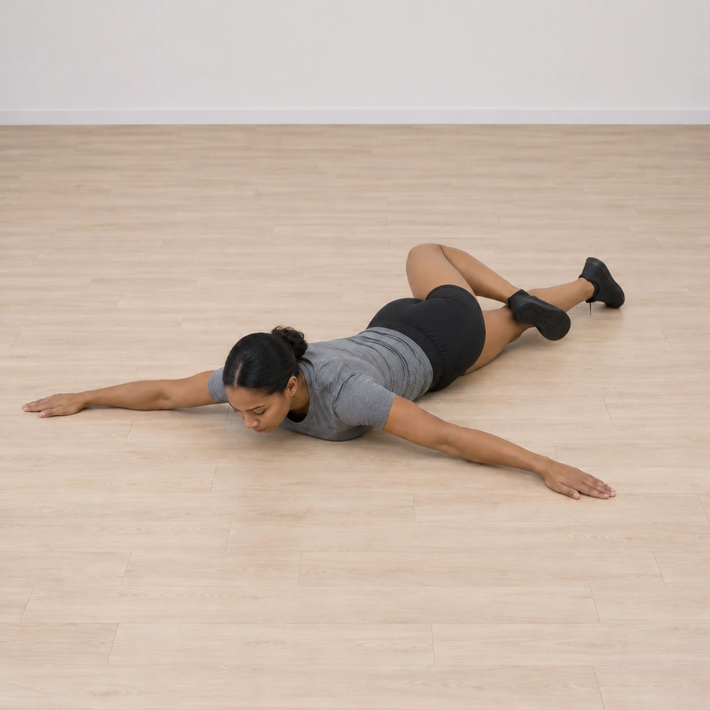 She flexes her right knee and swings the right leg up and across her back, reaching toward the floor near her left hand.