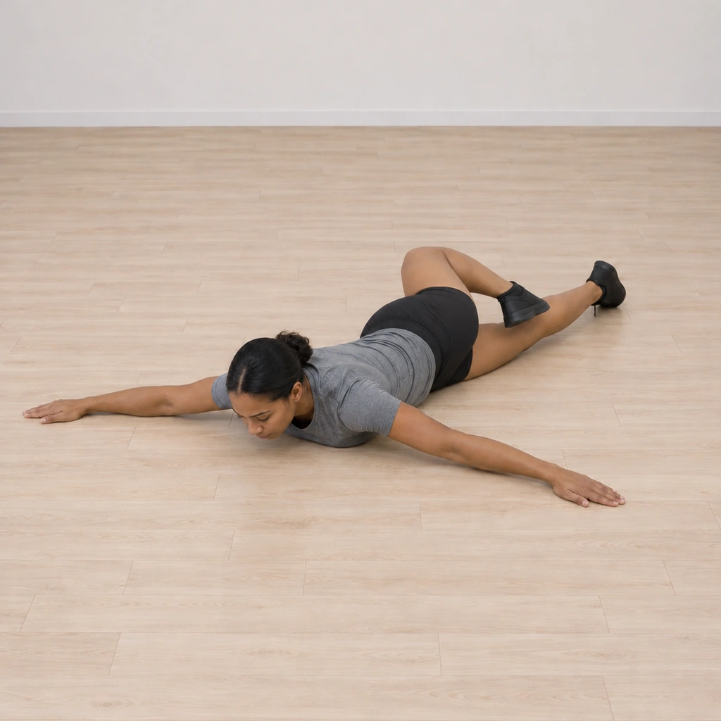 She continues the alternating crossover rhythm, right leg flexing to cross again while the left extends, arms still pressed out on the floor.