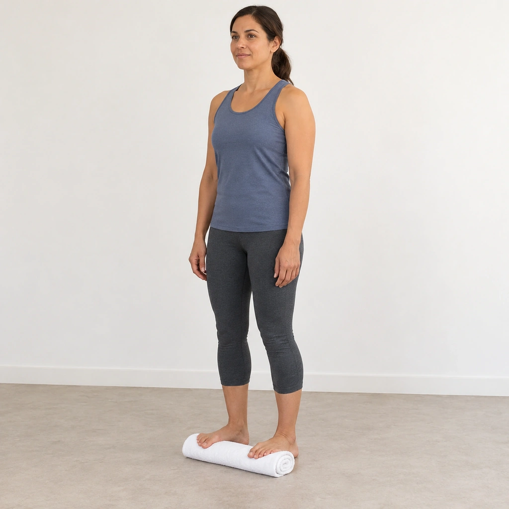 A woman standing with both heels on bare floor and the toes of both feet draped up and over a rolled towel in front of them, knees slightly bent.