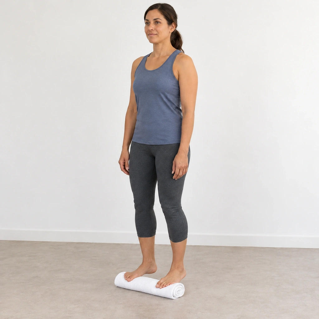 The same woman with both heels raised a small distance off the floor, weight through the balls of both feet and the towel-draped toes, knees still slightly bent.