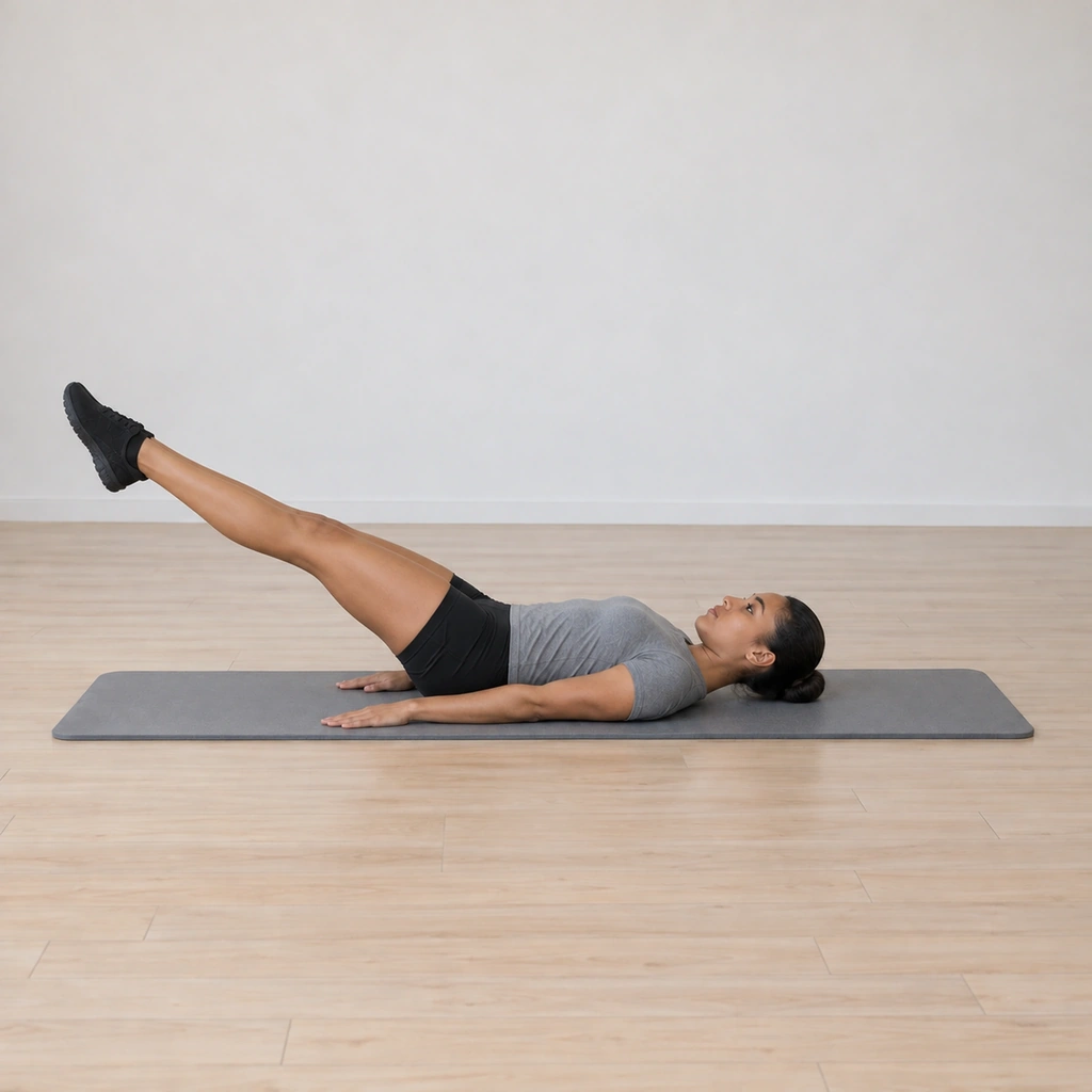 Her seat has settled to the mat and her straight legs lower toward the floor under control, reached long rather than dropped.