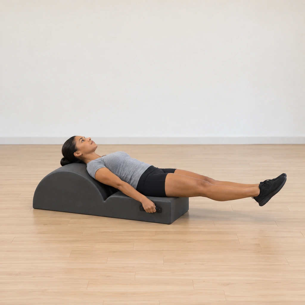 She lies supine with her head resting at the spine corrector's barrel end, both hands holding its side handles, legs extended long along the mat hugging together, heels together and toes apart.