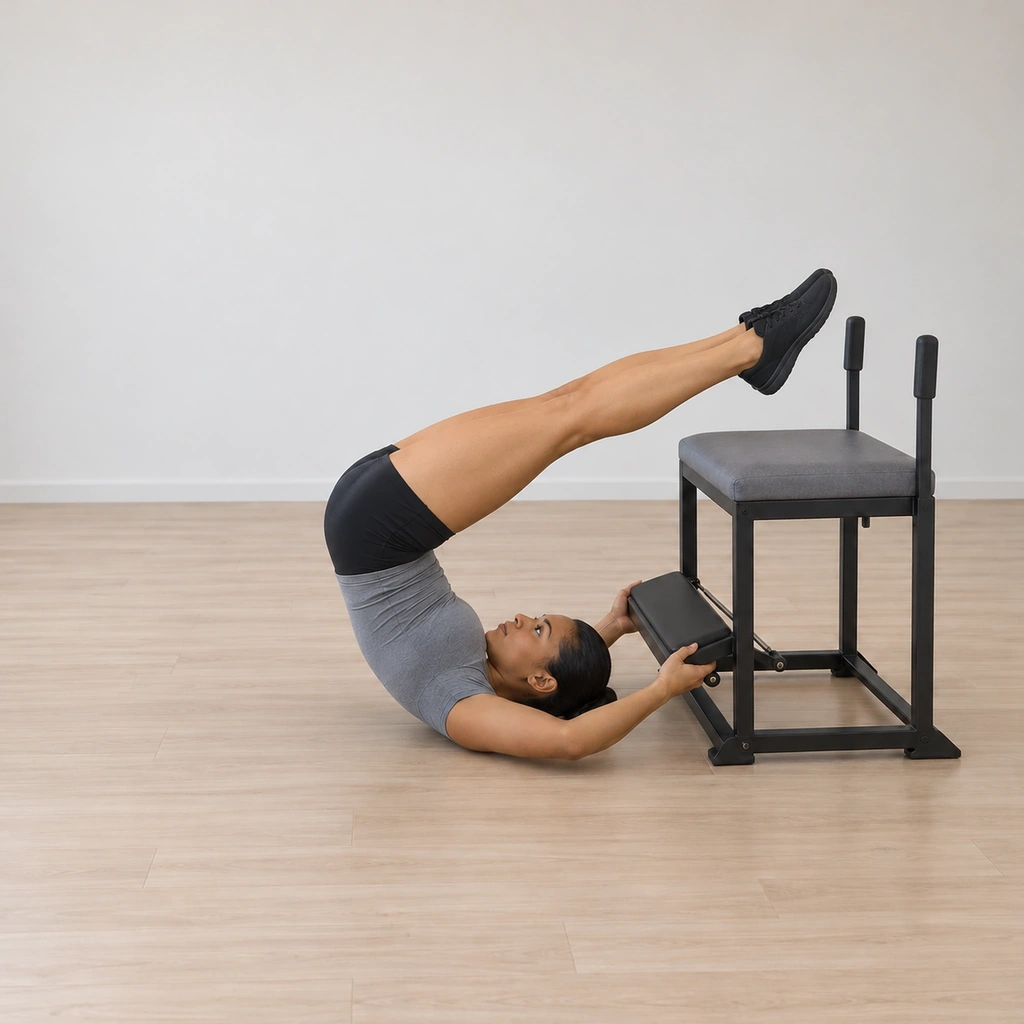 Her hips are lifted up and over off the floor toward the chair, her legs reaching overhead to the top of the chair, the pedal held still under her gripping hands, her weight on her shoulders.