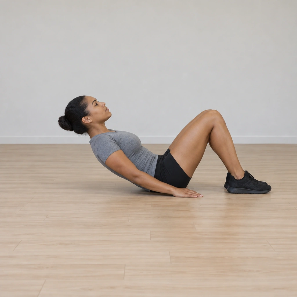 She is mid-ascent: shoulders and upper back curled off the floor rising slowly, glutes and hamstrings visibly tightened with her feet pressed flat, arms still crossed on her chest, the rise controlled.