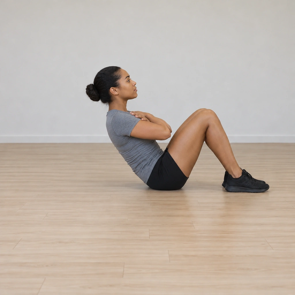 She is at the top of the sit-up: torso curled fully up toward her thighs, elbows on her crossed arms near her knees, glutes and hamstrings still tight, feet still flat on the floor.