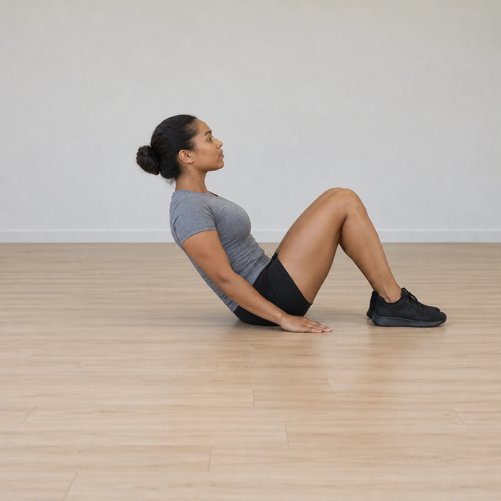 She is mid-lower: torso easing back down vertebra by vertebra on the slow count, glutes and hamstrings still engaged, feet flat, arms still crossed, the descent controlled.