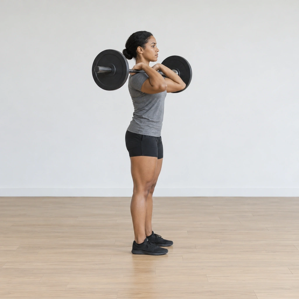 She stands tall with the barbell racked across the front of her shoulders, her shoulders pushed forward so the bar rests on the made shelf and lightly contacts her throat, hands on the bar; feet planted directly under her hips turned out comfortably.
