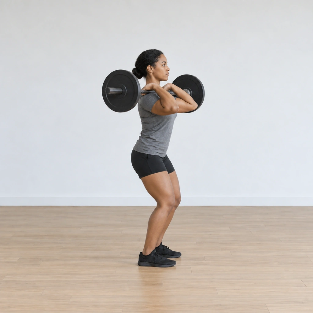 She dips straight down with the torso held vertical: knees flexed and travelling forward over the toes, hips staying under the bar rather than pushing back, the racked bar riding down on the shoulder shelf; feet planted flat.