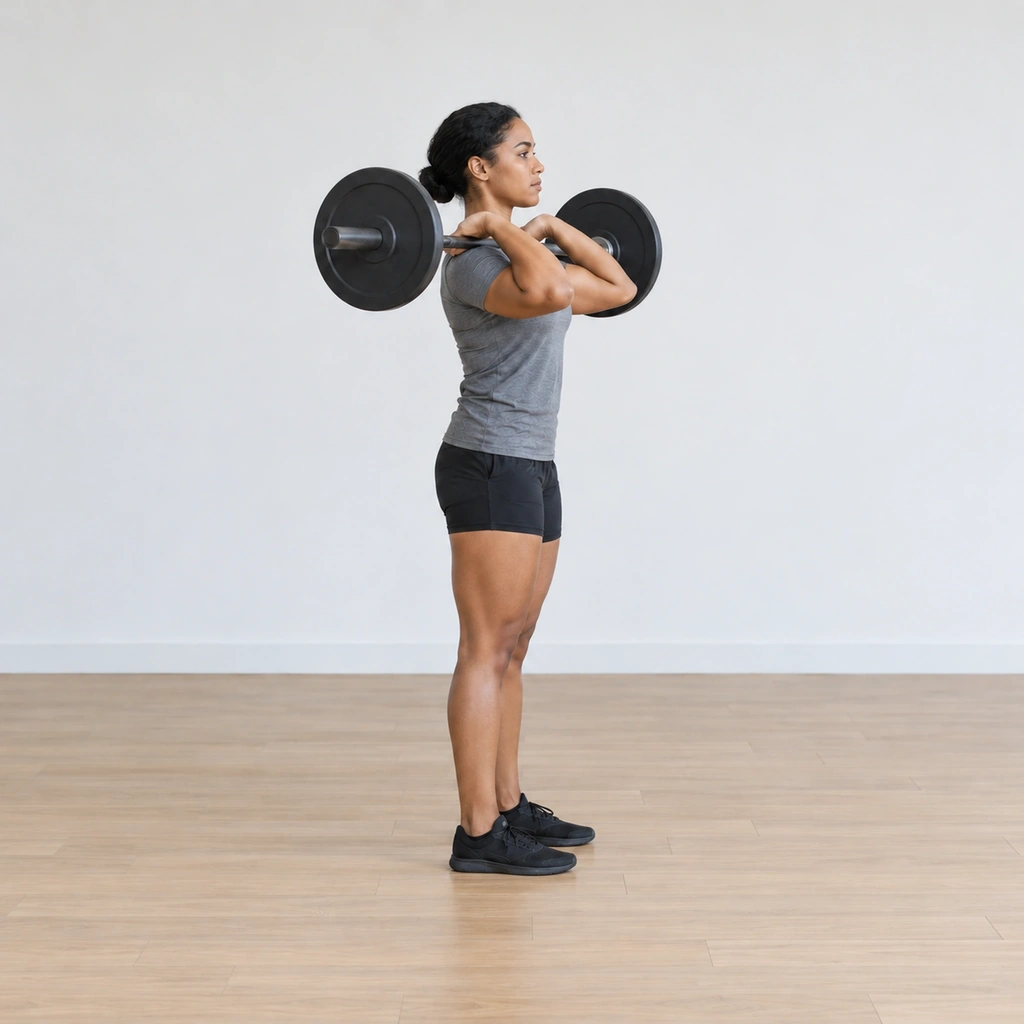 She drives forcefully down through her feet and extends the knees back to standing: the racked bar rising on the shoulder shelf, torso still vertical, feet planted; the bar never leaves the rack.
