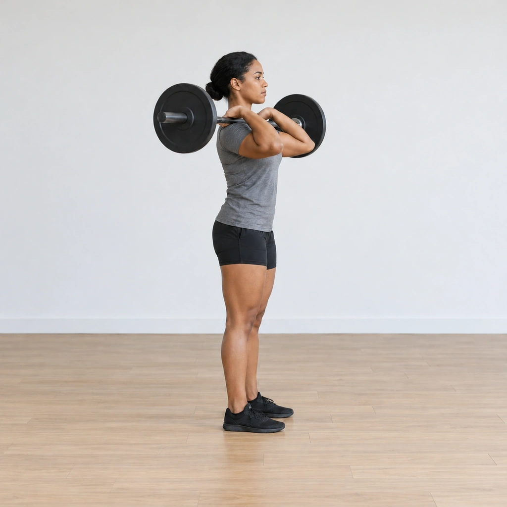 She stands fully upright again with the barbell racked on the shoulder shelf: knees extended, torso vertical and tall, the bar resting on the made shelf lightly at the throat; feet planted under her hips.