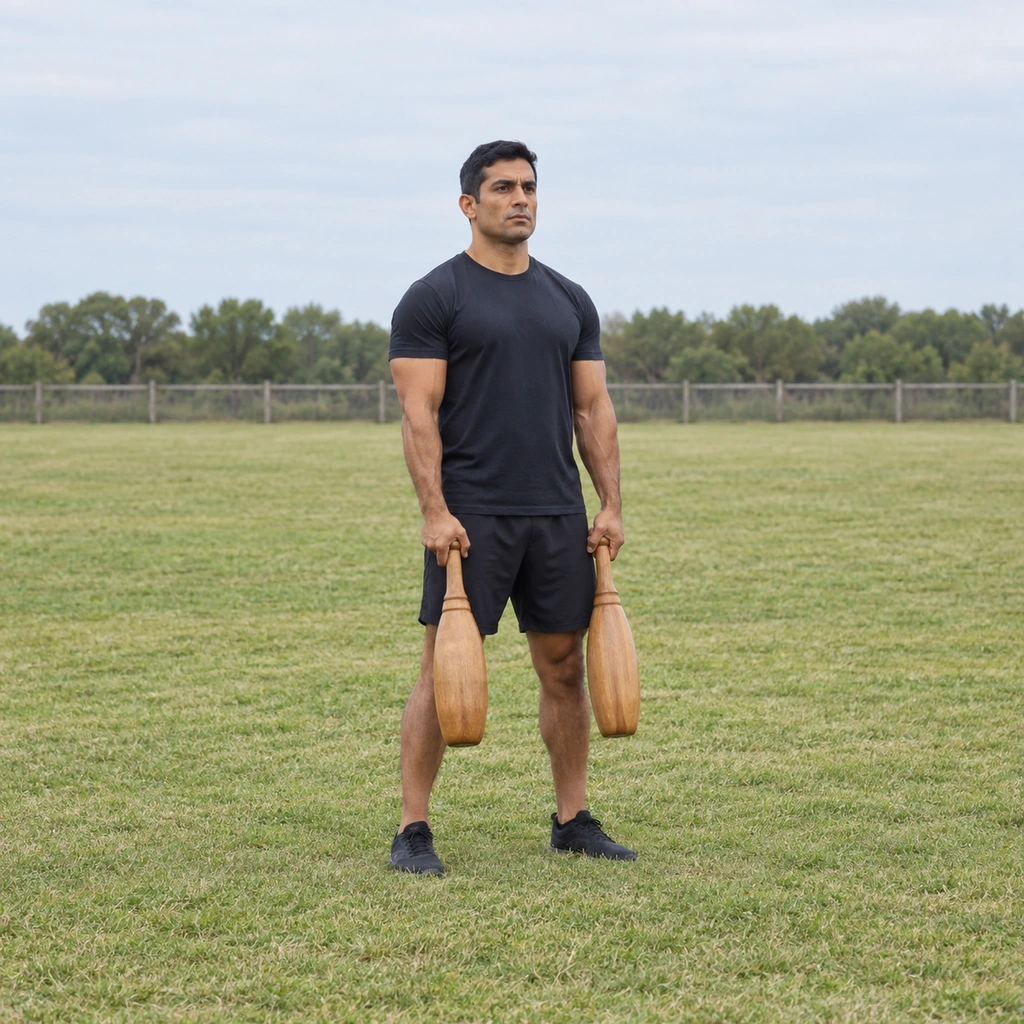 A man standing in the ready position holding a pair of jori clubs.