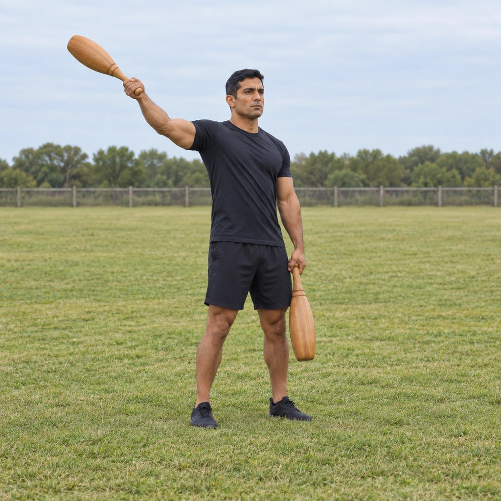 A man swinging the first jori club over and away from his shoulder in a large semi-circular arc.