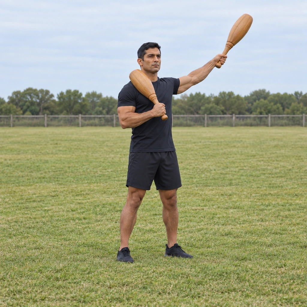 A man pulling the first jori to rest on his upper chest while the second jori begins its arc.